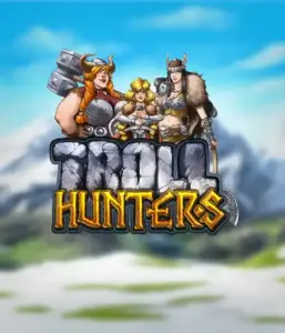Изображение игрового автомата "Troll Hunters" от Play'N Go, где изображены три воина-викинга: две женщины и один мужчина, облаченные в традиционные викингские доспехи. За их спинами виднеются заснеженные горы, что добавляет атмосферу скандинавской мифологии. Этот слот идеален для любителей викингских саг и эпических приключений.